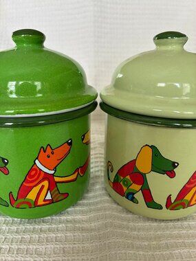 Set of 2 enamel dog-themed petite cannisters from Europe